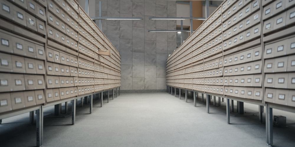 A room lined floor to ceiling with small wooden index drawers