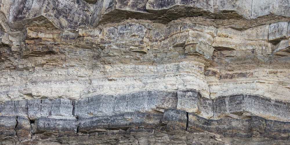 Banded rock seen close, pale layers pressed between darker ones