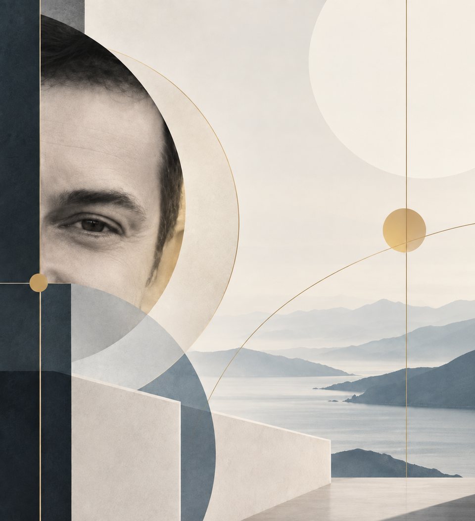 A composite portrait: part of a face set against pale geometric shapes, a
           thin gold arc and a distant coastline